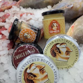 Pepe Saya cultured butter, smoked butter and ghee displayed on ice at Naeco Blue Seafoods